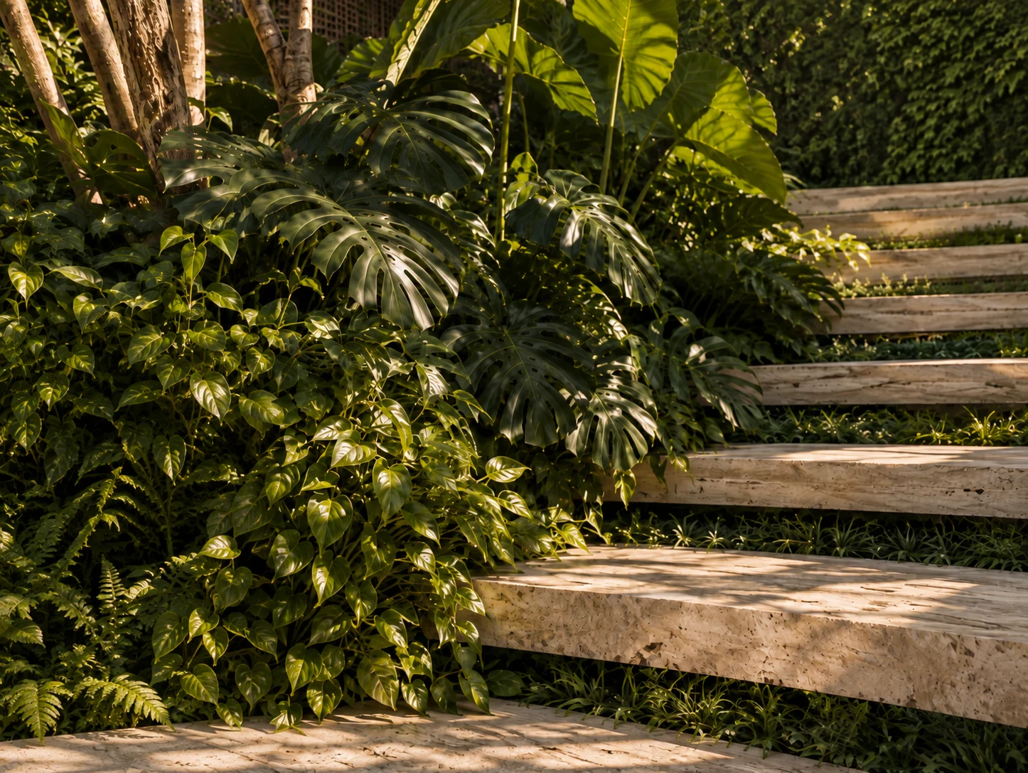 Detalhe dos degraus em pedra e do jardim da entrada da Casa CT.